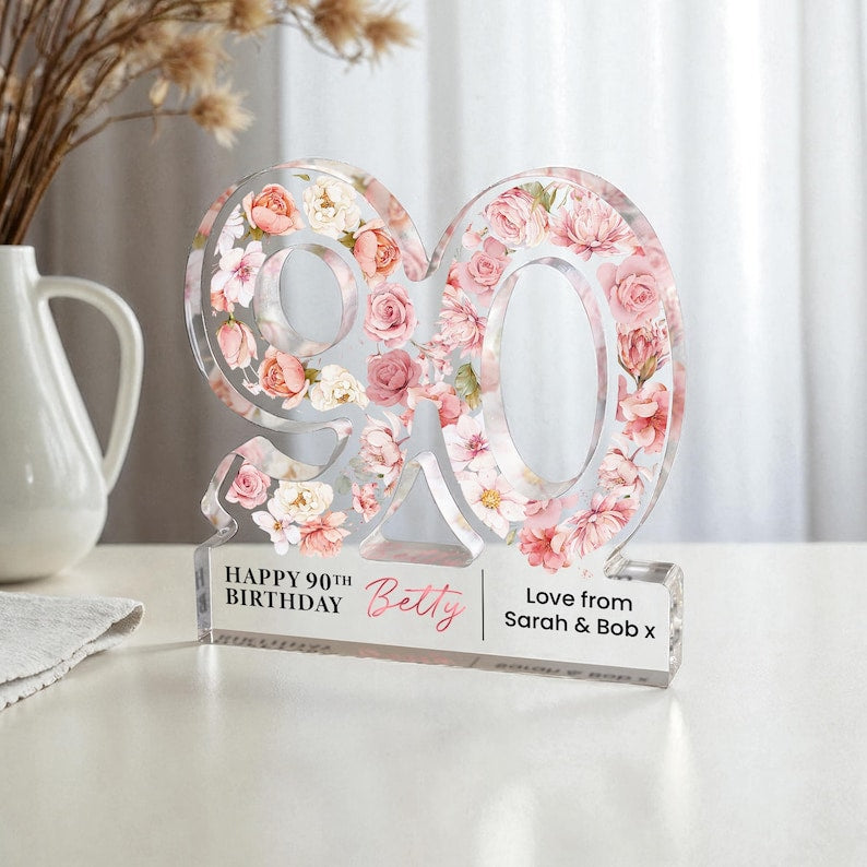 Personalised 90th Birthday Gift Plaque, Happy 90th Birthday Gift For Her, 90th Birthday Gifts, Floral 90th Gift, Gift for Mum Nanny