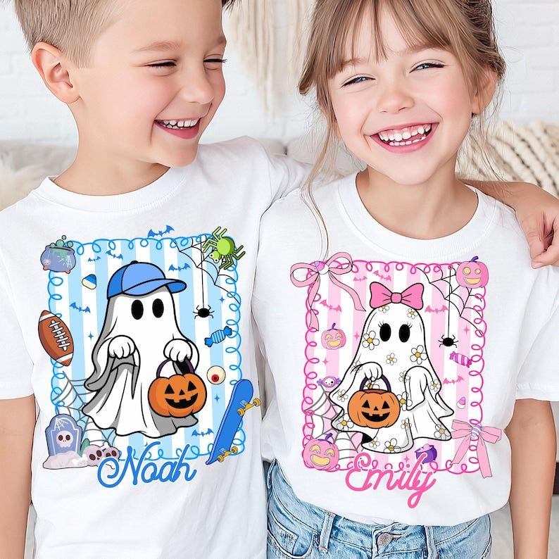 Personalized Halloween Kids Name Shirt, Halloween Ghost Pumpkin T-Shirt, Spooky Halloween Kids Shirt , Halloween Pumpkin Coquette Bow Shirt