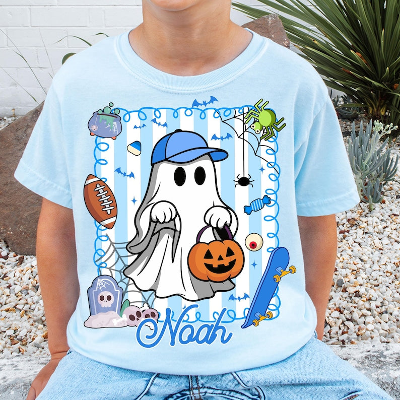Personalized Halloween Kids Name Shirt, Halloween Ghost Pumpkin T-Shirt, Spooky Halloween Kids Shirt , Halloween Pumpkin Coquette Bow Shirt