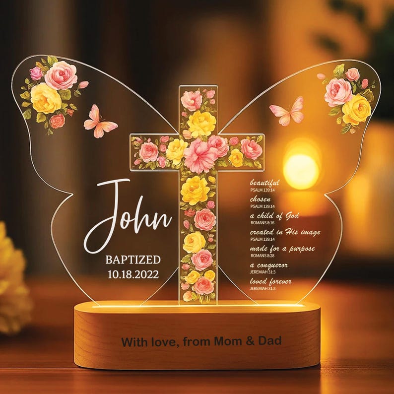Personalized Baptism Night Light,Custom Christian Butterfly Lamp with Name & Date,Baptized in Christ Gift for Baby Gift for Baby Girl or Boy