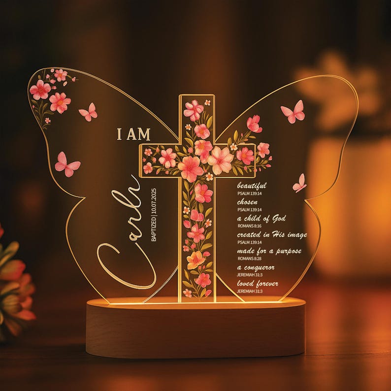Personalized Baptism Night Light,Custom Christian Butterfly Lamp with Name & Date,Baptized in Christ Gift for Baby Gift for Baby Girl or Boy