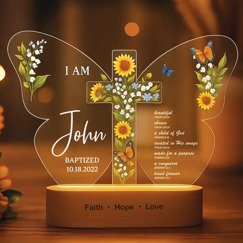 Personalized Baptism Night Light,Custom Christian Butterfly Lamp with Name & Date,Baptized in Christ Gift for Baby Gift for Baby Girl or Boy