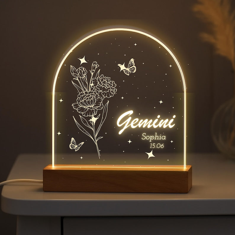 Personalized Zodiac LED Light, Custom Flower Birth Month Gift, Birthday Gift, Bestie Night Light Gift, Valentine's Day Gift