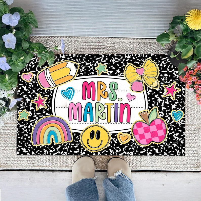 Personalized Teacher Name Doormat, Composition Notebook Classroom Mat, Trendy Teacher Rug, Classroom Decor, Custom Teacher Gift for Women