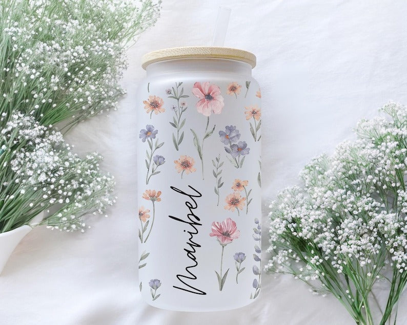 Personalized Wildflower Floral Tumbler, Custom Glass Coffee Cup, Bridesmaid Proposal Gift, Gifts for Her, Mother's Day Gift, Graduation Gift