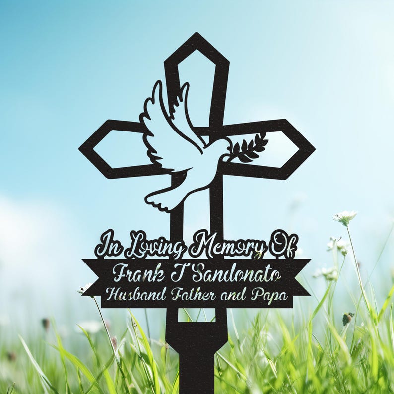 Custom Memorial Garden Stakes, Dove Heart Memorial Stake, Cross Stake Dad Memorial Plaque Gift, In Loving Memory Metal Cross, Grave Marker