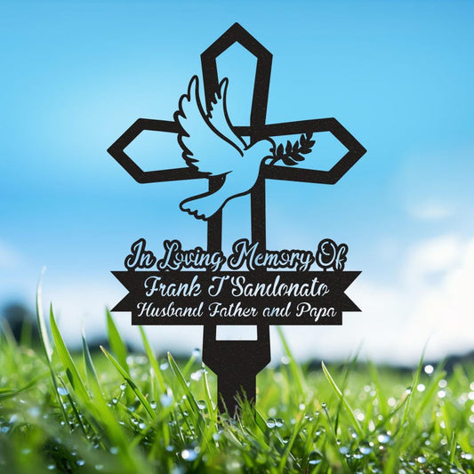 Custom Memorial Garden Stakes, Dove Heart Memorial Stake, Cross Stake Dad Memorial Plaque Gift, In Loving Memory Metal Cross, Grave Marker