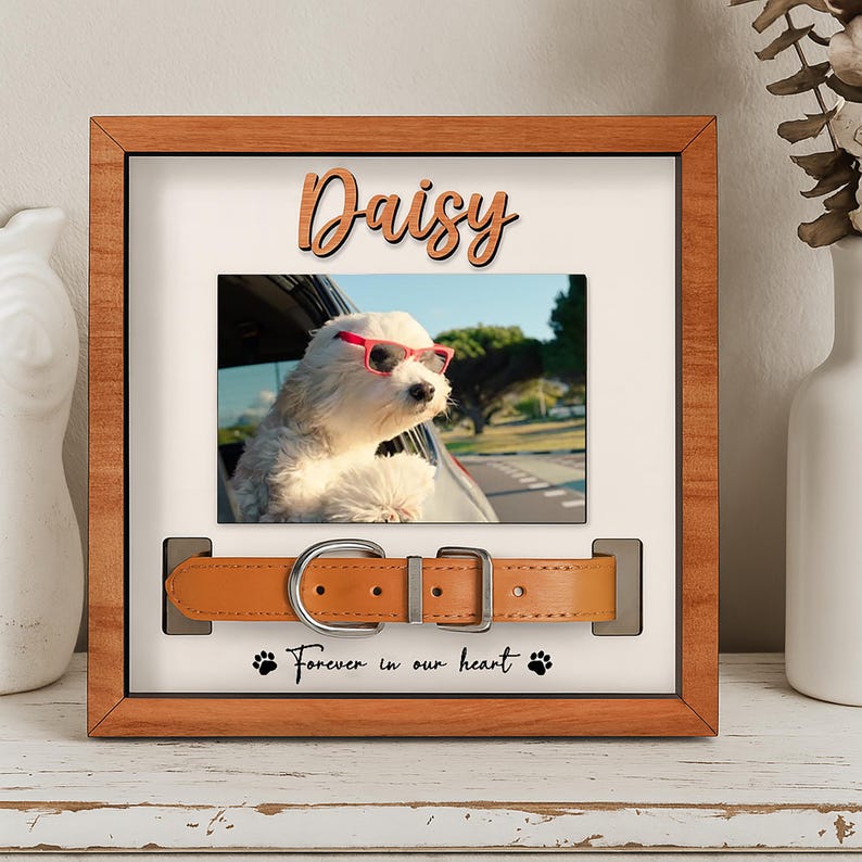 Personalized Pet Memory Frame, Dog Collar Shadow Box, Custom Pet Photo Gift, Pet Loss Sympathy Gift, Forever Loved Dog Memorial