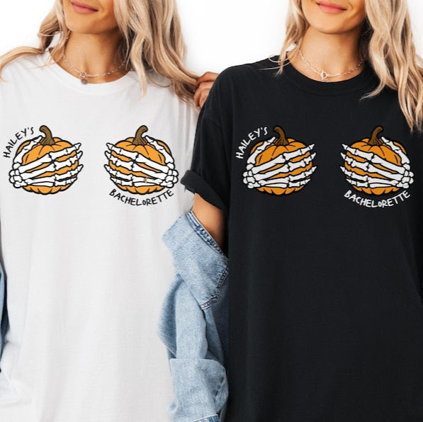 Custom Halloween Bachelorette Shirts, Skeleton Pumpkin Funny Bridal Party Shirt, Personalized Spooky Bride Gothic Wedding, Bride Boo Crew