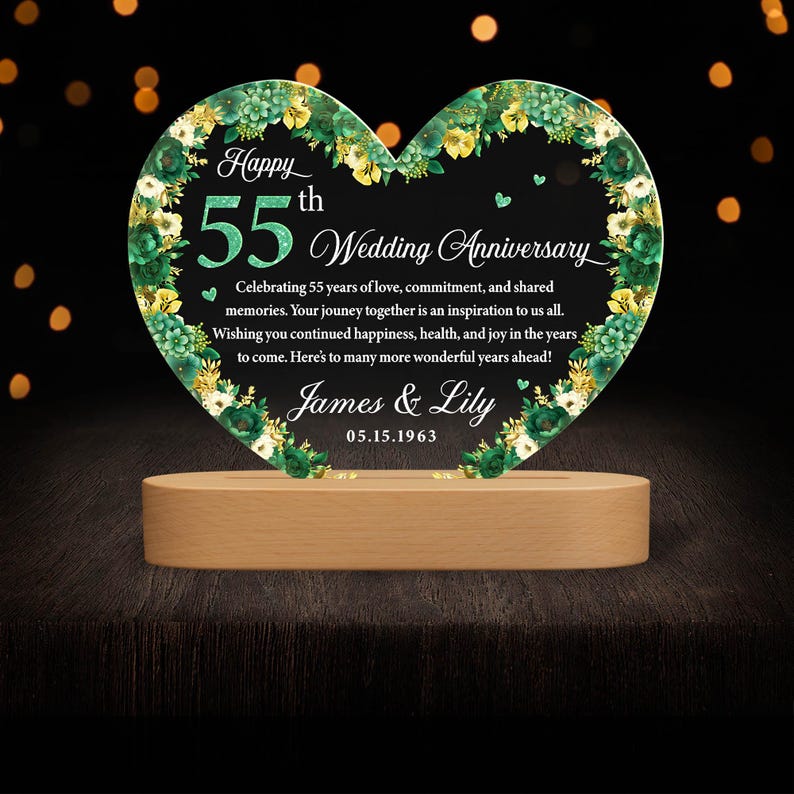 Personalized 55th Wedding Anniversary Night Light, Emerald Wedding Anniversary Gift, 55th Wedding Anniversary, Anniversary Gift for Couple