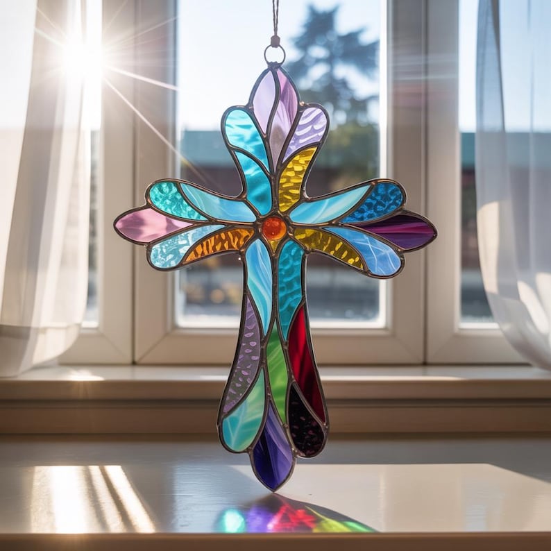 Cross Christian Acrylic Suncatcher, Christian Window Hanging,Stained Glass Cross Suncatcher,Religious Thanksgiving Day Decor,Christmas Decor