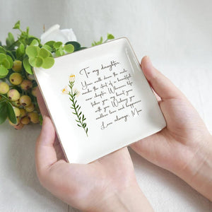 To My Daughter on Her Wedding Day Personalized Ring Dish with Message from Mom Elegant Gold Trim Keepsake Tray Gift for Daughter