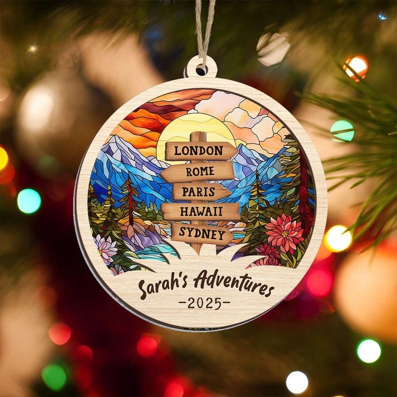 Personalized Travel Adventure 2 Layered Wooden Ornament, Custom Traveling Destination Ornament, Travel Gift, Travel Adventure Ornament Gifts