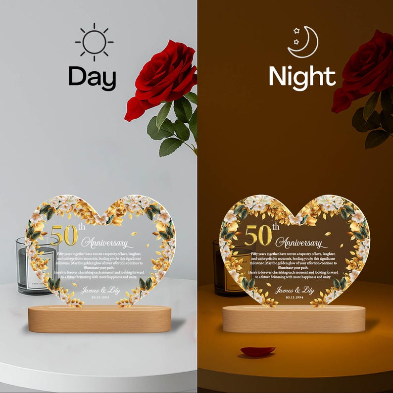 Personalized 50th Anniversary LED Night Light, Golden Wedding Gift Anniversary Gift For Couple