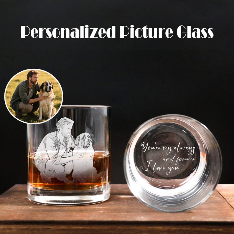 Personalized Photo on Whiskey Glass, Custom Pet Portrait Engraved on Whiskey Glass, Engrave Your Handwritten Gift Message with Dog Cat Photo on Glass