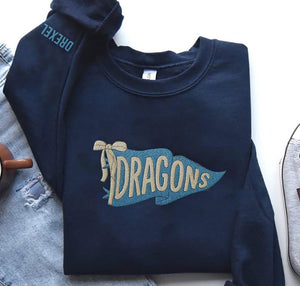 Embroidered Coquette Pennant Sweatshirt with Team Name, Girly Mascot shirt, School Spirit Shirt, Matching Team Tee,Personalized School Team