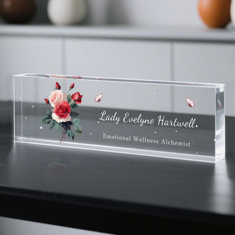 Personalized Acrylic Desk Name Plate with Flowers Custom Office Name Sign Clear Desk Plaque for Teacher, Doctor, or Office Decor