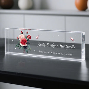 Personalized Acrylic Desk Name Plate with Flowers Custom Office Name Sign Clear Desk Plaque for Teacher, Doctor, or Office Decor
