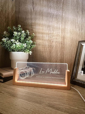 Personalized Name & Title Desk Plate Stand | Camera Photography Photographer Studio Professional | Business Sign LED Light Nameplate Gift