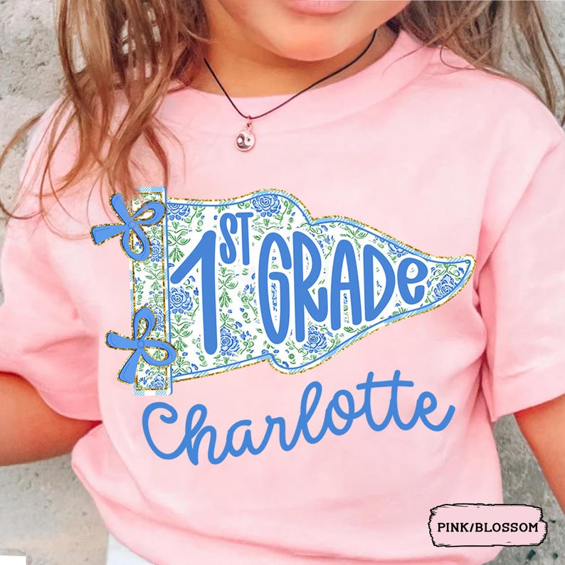 Personalized 1st Grade Shirt for Girls, Floral Pennant Back to School Shirt, Custom Name Shirt, First Day of School Outfit, School Flag Tee