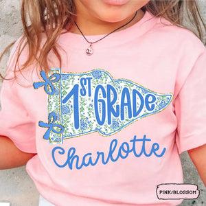 Personalized 1st Grade Shirt for Girls, Floral Pennant Back to School Shirt, Custom Name Shirt, First Day of School Outfit, School Flag Tee