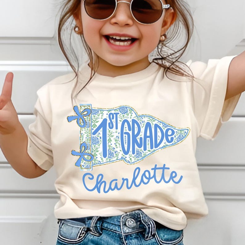 Personalized 1st Grade Shirt for Girls, Floral Pennant Back to School Shirt, Custom Name Shirt, First Day of School Outfit, School Flag Tee