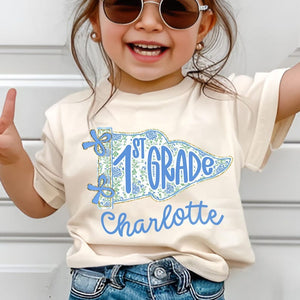 Personalized 1st Grade Shirt for Girls, Floral Pennant Back to School Shirt, Custom Name Shirt, First Day of School Outfit, School Flag Tee