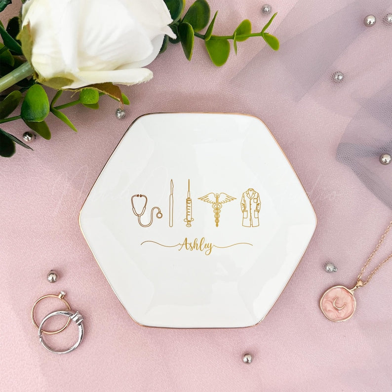 Personalized Doctor Jewelry Dish, Custom Name Gift for Medical Student, Graduation Jewelry Box, White Coat Ceremony