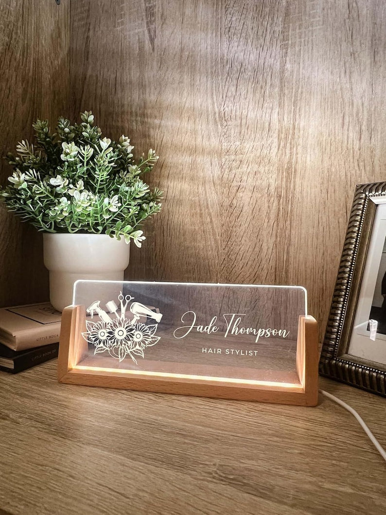 Personalized Name & Title Desk Plate Stand | Hair Stylist Hairdresser Artist Salon Professional | Business Sign LED Light Nameplate Gift
