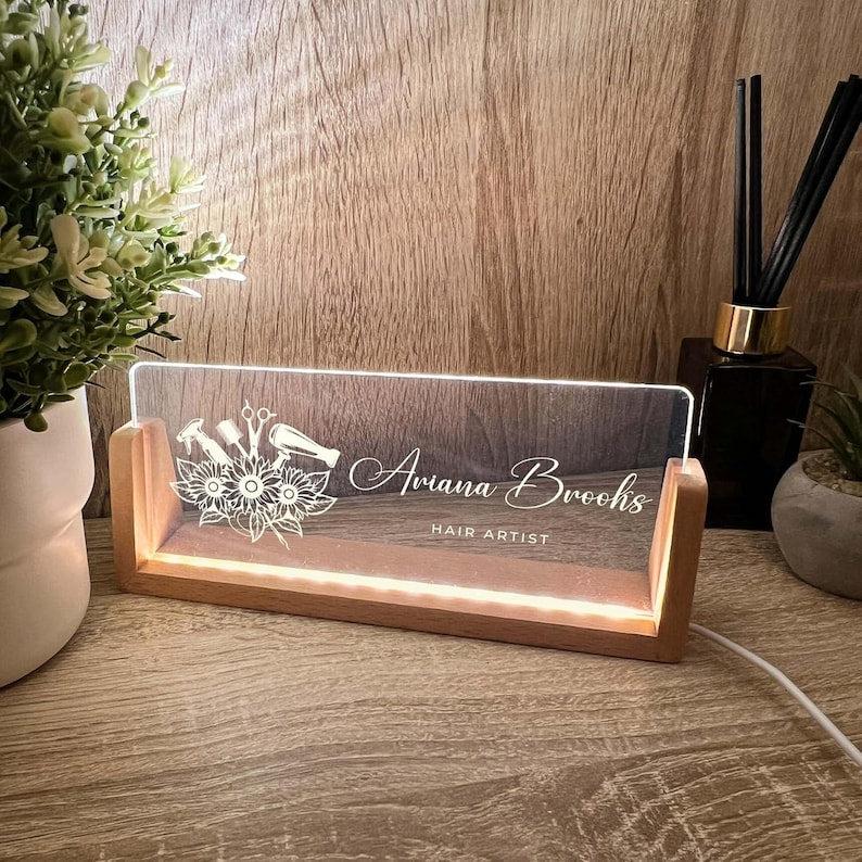 Personalized Name & Title Desk Plate Stand | Hair Stylist Hairdresser Artist Salon Professional | Business Sign LED Light Nameplate Gift