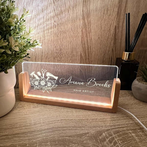 Personalized Name & Title Desk Plate Stand | Hair Stylist Hairdresser Artist Salon Professional | Business Sign LED Light Nameplate Gift