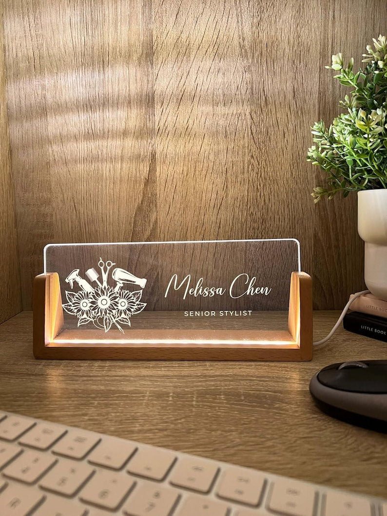 Personalized Name & Title Desk Plate Stand | Hair Stylist Hairdresser Artist Salon Professional | Business Sign LED Light Nameplate Gift