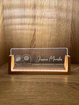 Personalized Name & Title Desk Plate Stand | Psychologist Psychiatrist Physician Therapist Doctor Specialist | Sign LED Light Nameplate Gift