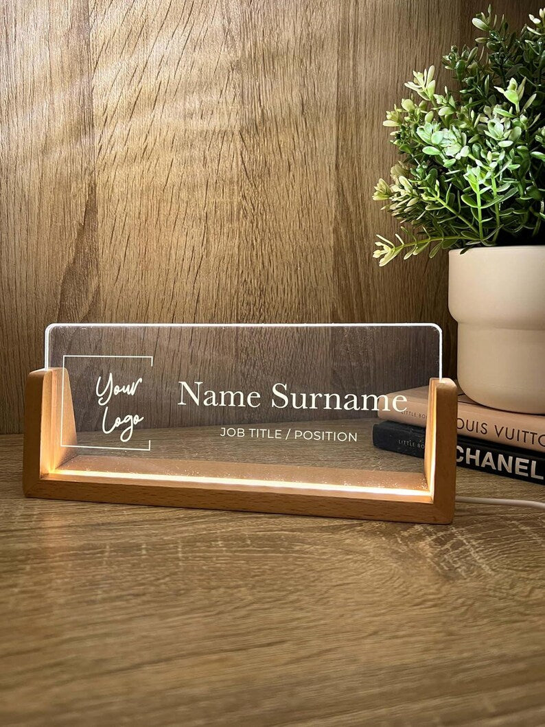Personalized Name & Title Desk Plate Stand | Featuring Your Custom Business Company Logo | Professional Office Sign LED Light Nameplate Gift