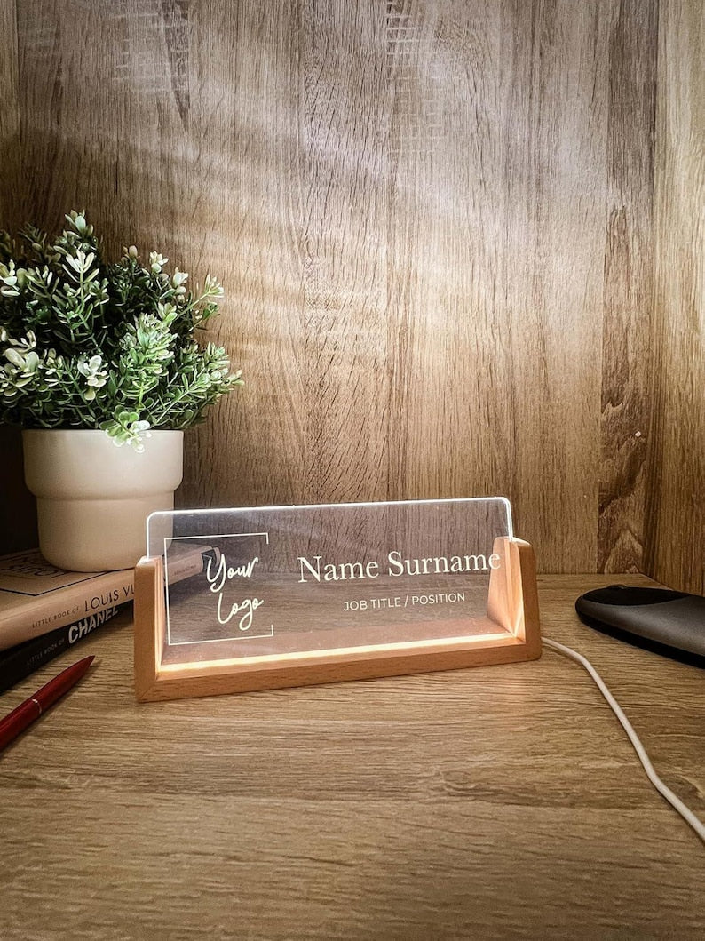 Personalized Name & Title Desk Plate Stand | Featuring Your Custom Business Company Logo | Professional Office Sign LED Light Nameplate Gift