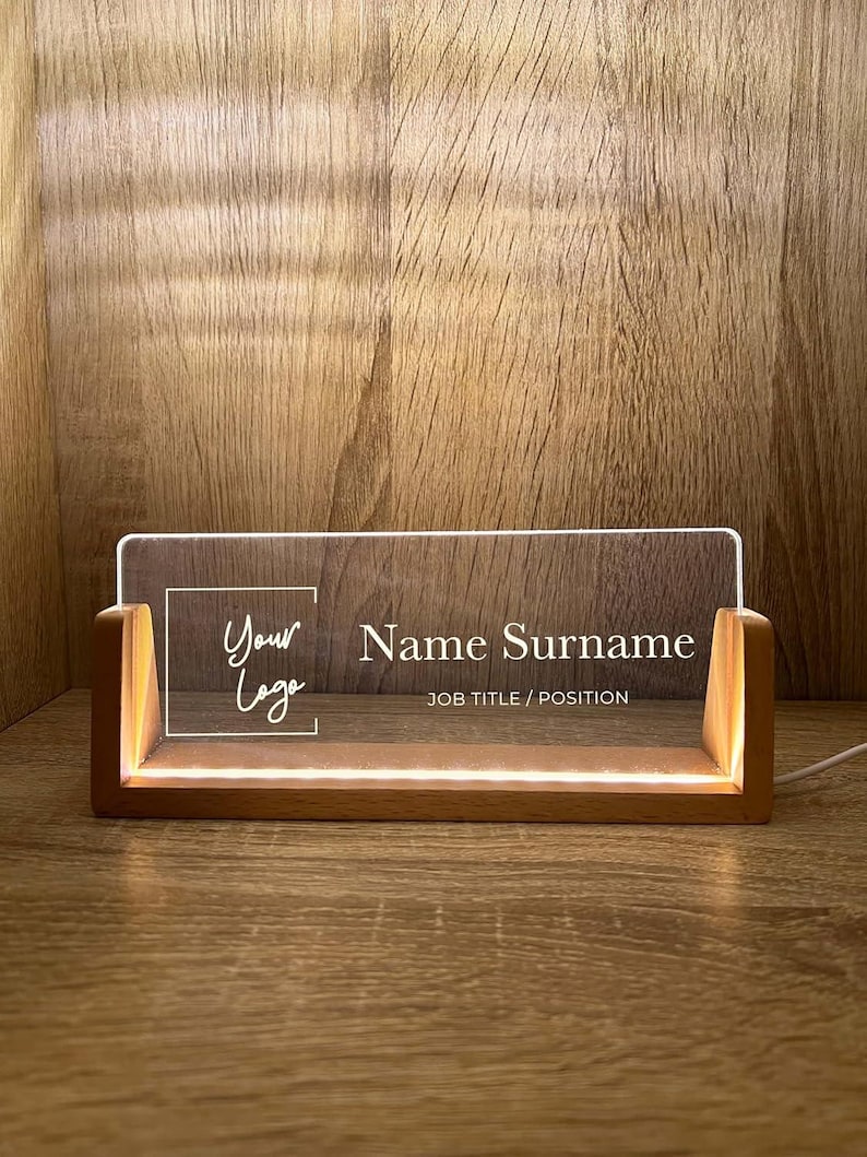 Personalized Name & Title Desk Plate Stand | Featuring Your Custom Business Company Logo | Professional Office Sign LED Light Nameplate Gift