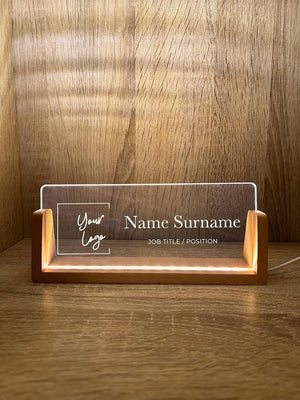 Personalized Name & Title Desk Plate Stand | Featuring Your Custom Business Company Logo | Professional Office Sign LED Light Nameplate Gift