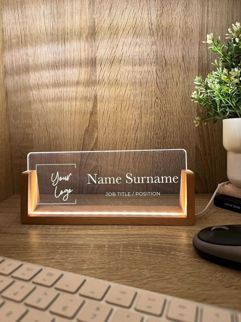 Personalized Name & Title Desk Plate Stand | Featuring Your Custom Business Company Logo | Professional Office Sign LED Light Nameplate Gift