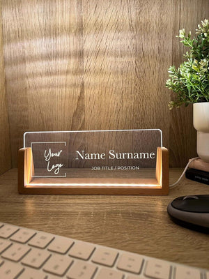 Personalized Name & Title Desk Plate Stand | Featuring Your Custom Business Company Logo | Professional Office Sign LED Light Nameplate Gift