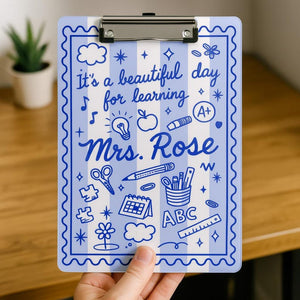 Personalized Teacher Clipboard Custom Name Gift for Women Blue School Supplies Cute Striped Classroom Design Customized for Learning Decor