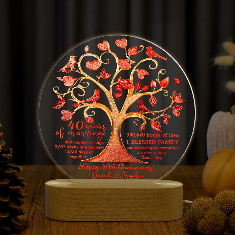 Personalized 40th Wedding Anniversary Led Light, Custom Wedding Anniversary Keepsake, Ruby Wedding Anniversary Night Light, Husband Gift