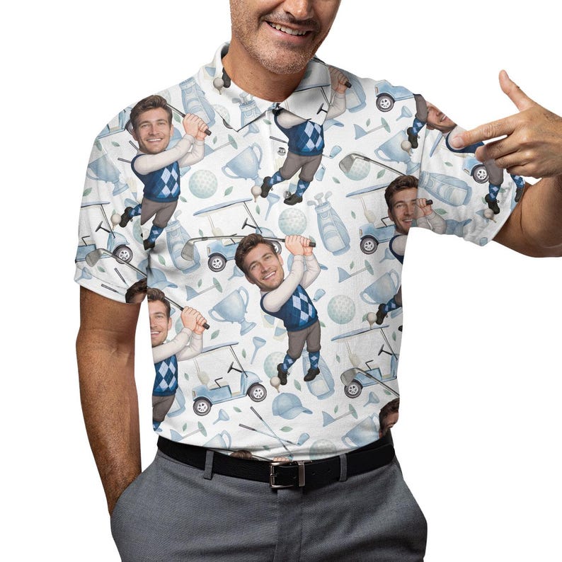 Custom With Your Face Golf Pattern Polo Shirts For Men Golf Polos Personalized Mens Shirts Button Up Shirt Gift For Him, Fathers Day Gift