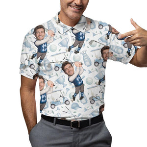 Custom With Your Face Golf Pattern Polo Shirts For Men Golf Polos Personalized Mens Shirts Button Up Shirt Gift For Him, Fathers Day Gift