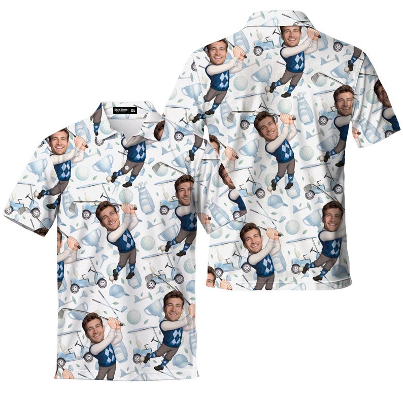Custom With Your Face Golf Pattern Polo Shirts For Men Golf Polos Personalized Mens Shirts Button Up Shirt Gift For Him, Fathers Day Gift