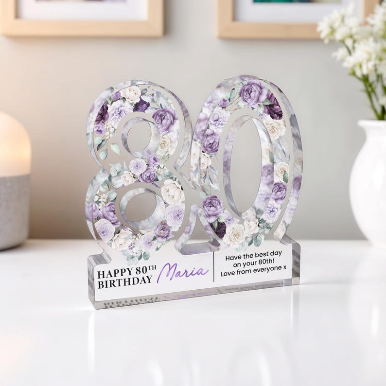 Personalised 80th Birthday Gift Plaque, Happy 80th Birthday Gift For Her, 80th Birthday Gifts, Floral 80th Gift, Gift for Mum Nan