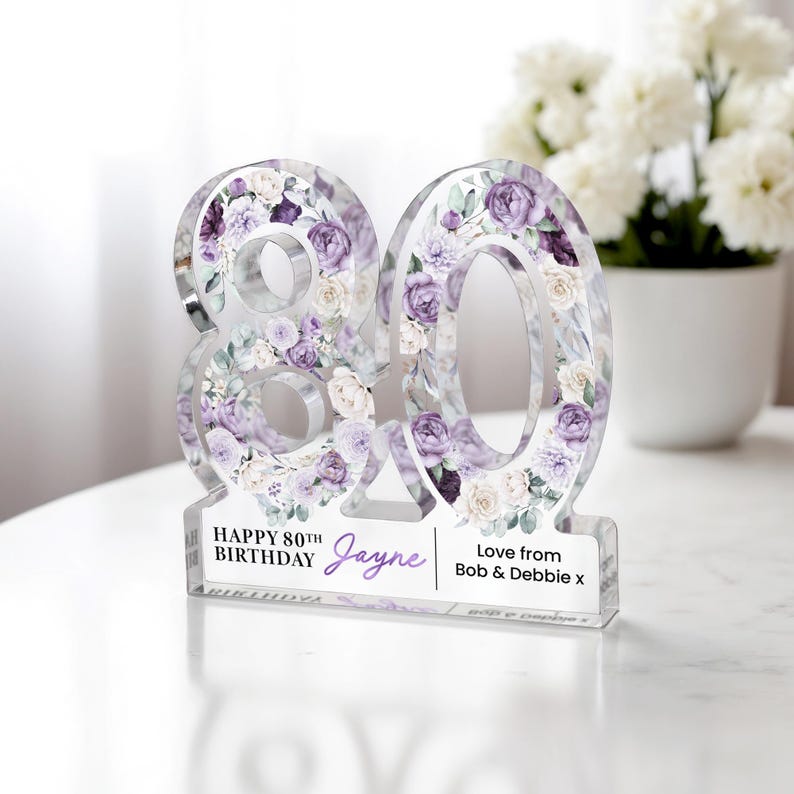 Personalised 80th Birthday Gift Plaque, Happy 80th Birthday Gift For Her, 80th Birthday Gifts, Floral 80th Gift, Gift for Mum Nan