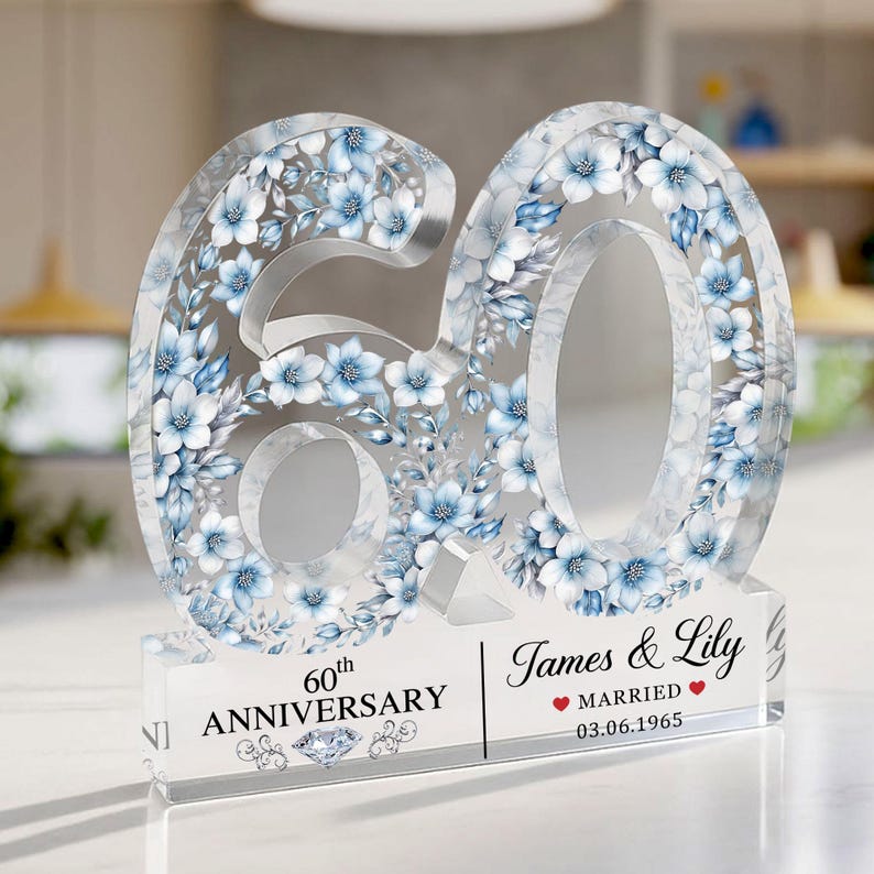 Personalized 60th Wedding Anniversary Acrylic Block, Custom Diamond Anniversary Gifts, 60 Years Anniversary Gifts For Parents, Grandparents