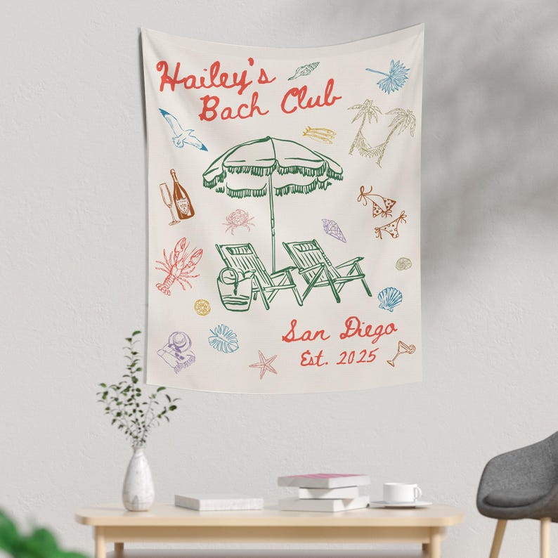 Custom Bachelorette Party Tapestry, Beach Bachelorette Photo Backdrop, Bachelorette Banner, Coastal Bachelorette Party Decor, The Bach Club