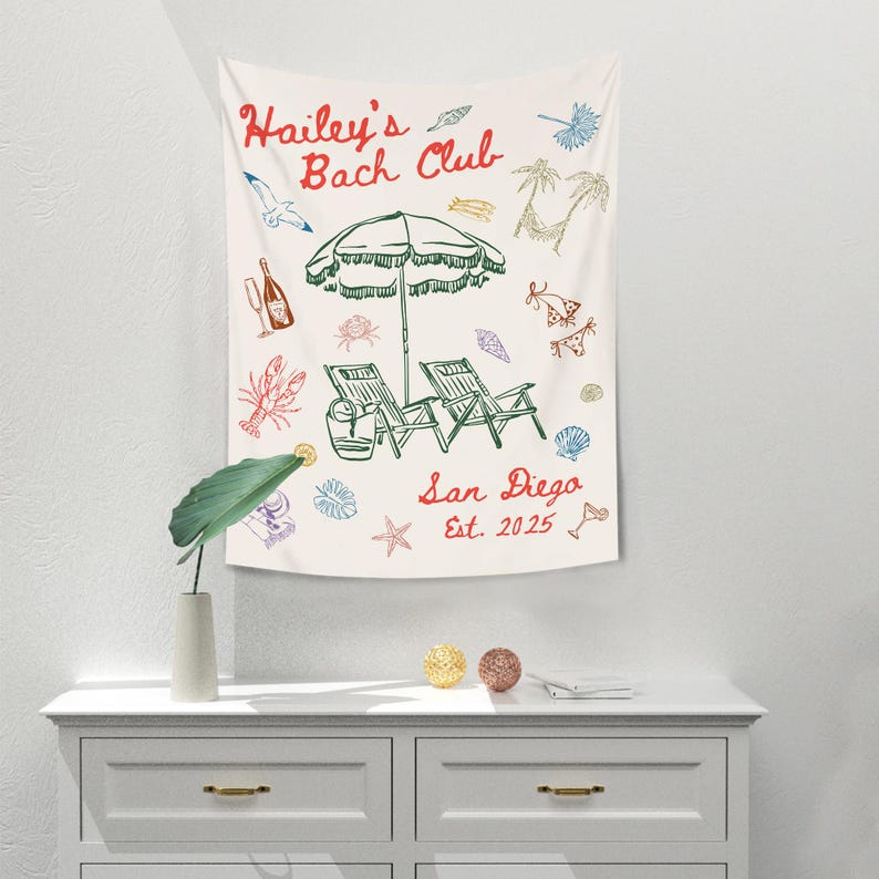 Custom Bachelorette Party Tapestry, Beach Bachelorette Photo Backdrop, Bachelorette Banner, Coastal Bachelorette Party Decor, The Bach Club