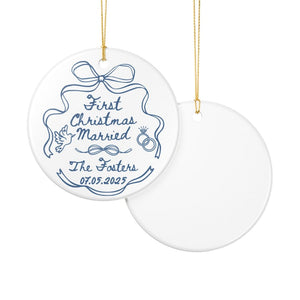 Custom First Christmas Married Ornament, 1st Anniversary Gift, Personalized Holiday Couple Gift, Coquette Bow Mr Mrs Newlywed Wedding Gift